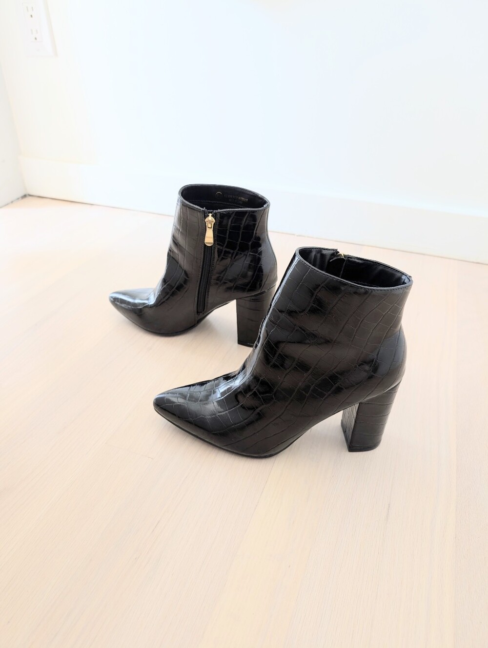 Lulus Black Croc-Embossed Pointed Toe Ankle Boots - Women